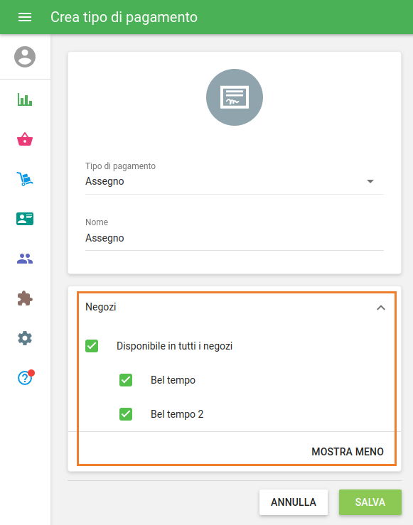 tipo di pagamento per ciascun negozio
