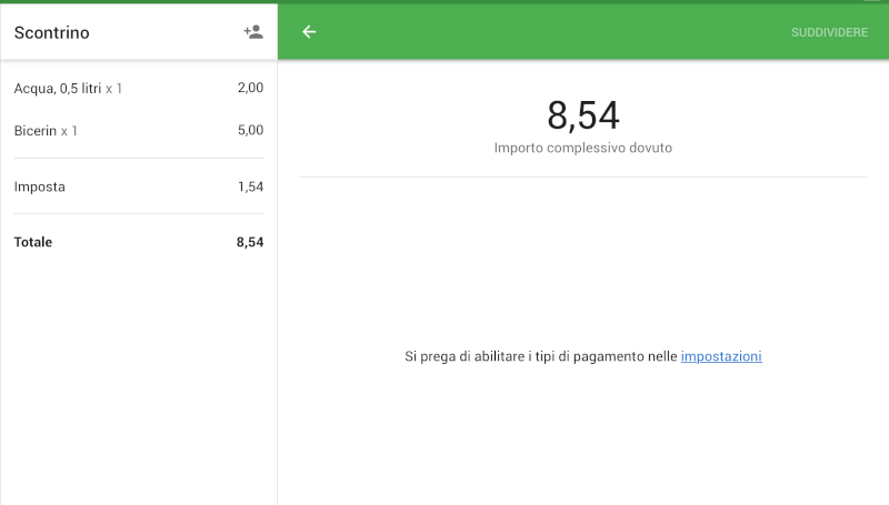messaggio nel POS con la proposta di abilitare il tipo di pagamento