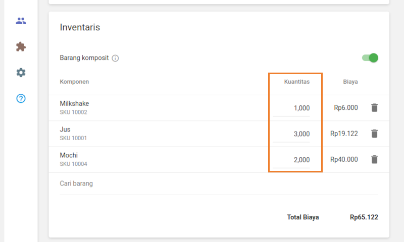Tentukan kolom kuantitas untuk setiap item komponen.