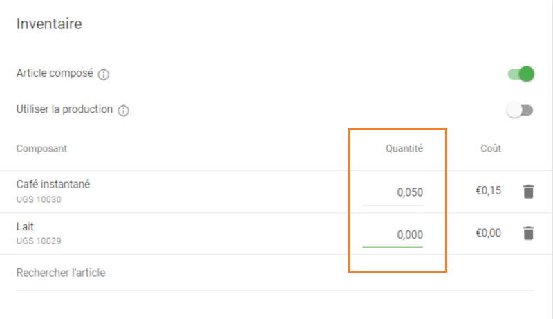 Spécifiez le champ la quantité pour chaque élément du composant.