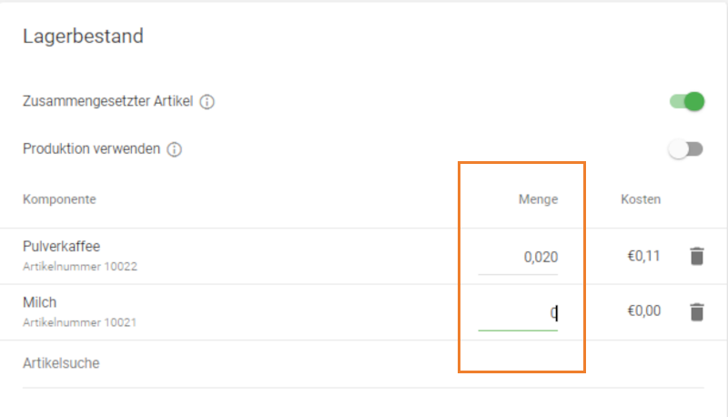 Geben Sie das Mengenfeld für jede Komponente des Artikels an.