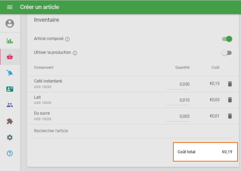 Le coût de l'article composé