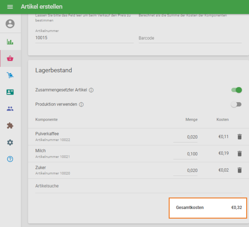 Kosten für den zusammengesetzten Artikel
