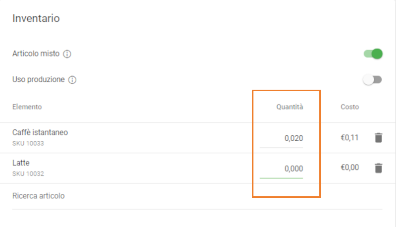 Specificate il campo della quantità per ogni voce del componente