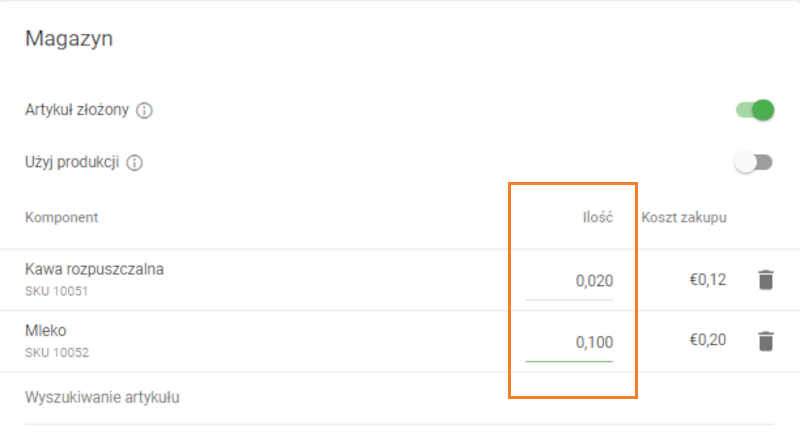 Określ ilości w polu "ilości" dla każdego składnika