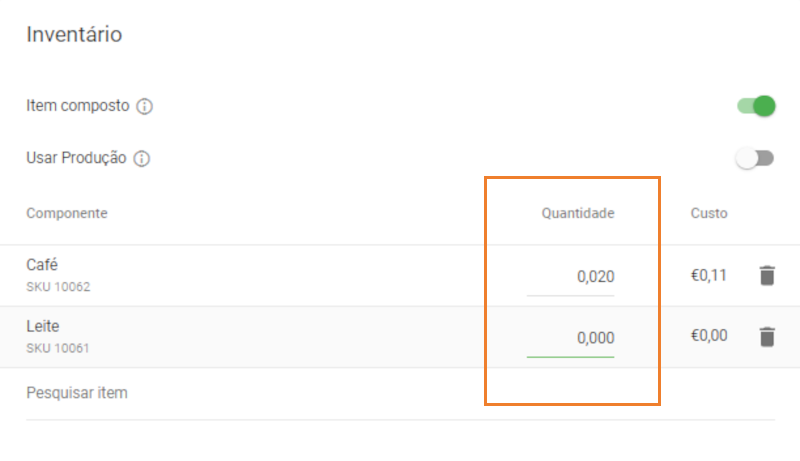 Especifique o campo de quantidade para cada item componente.
