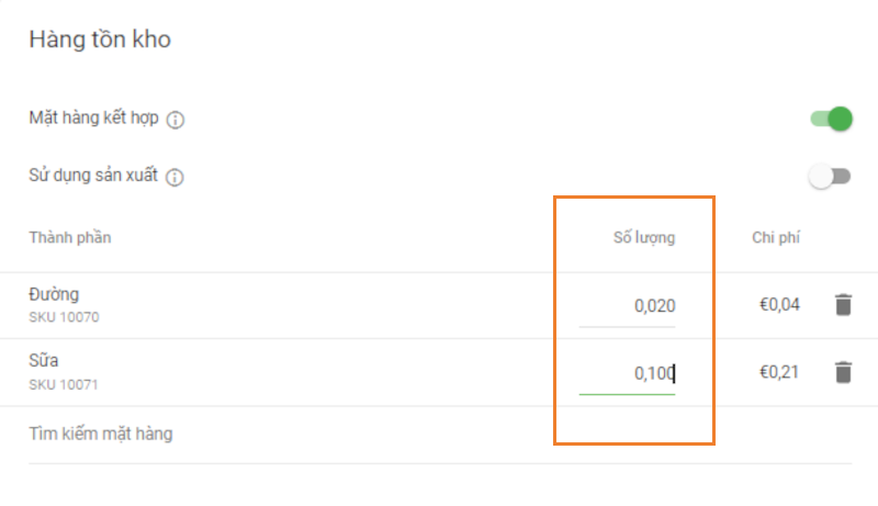 Chỉ định trường số lượng cho từng hạng mục của thành phần.