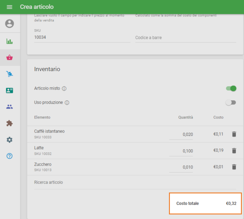 costo dell'articolo composito