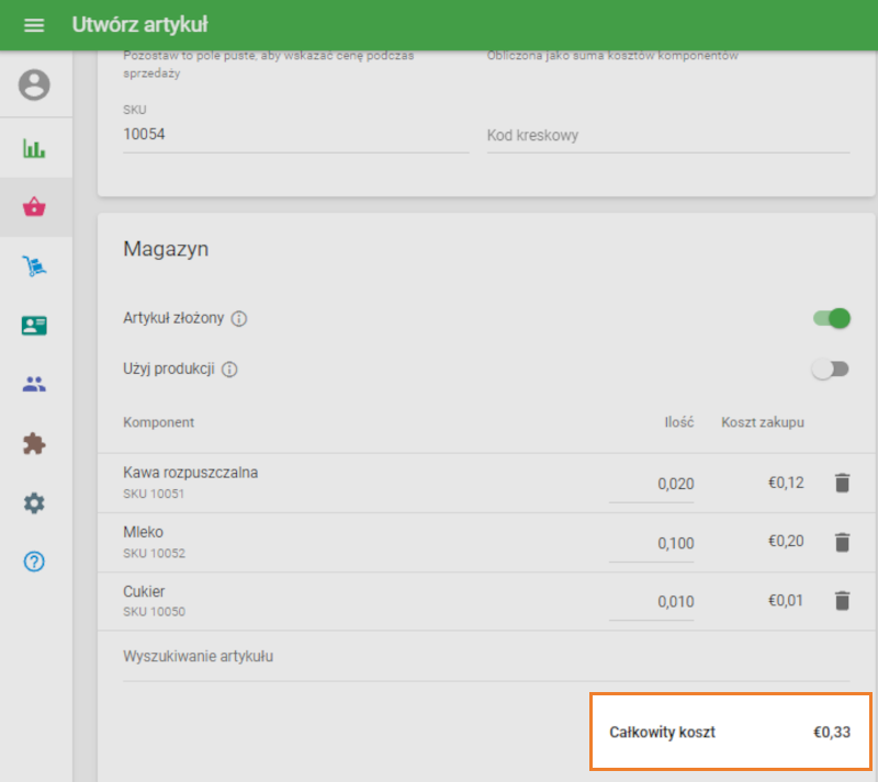 Koszt Artykułu złożonego zostanie obliczony na podstawie ilości i kosztu wszystkich komponentów