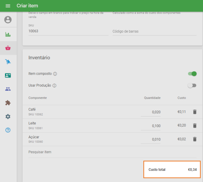 custo total do item composto