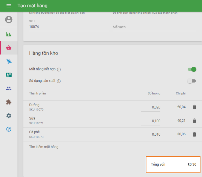 Tổng hợp các khoản mục chi phí sẽ được tính dựa trên số lượng và chi phí của tất cả các thành phần.