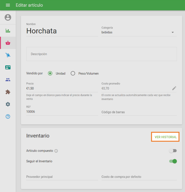 el botón 'Ver historial' desde el formulario de artículos