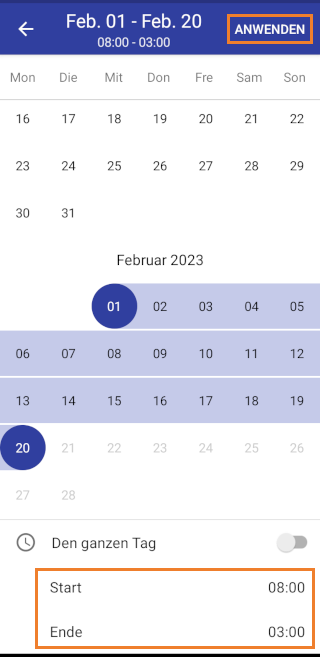 Legen Sie dann die Start- und Endzeit des gewünschten Tages fest