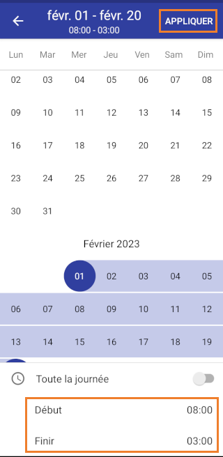 Définissez ensuite les heures de début et de fin de la journée dont vous avez besoin