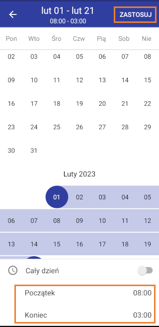godziny rozpoczęcia i zakończenia dnia