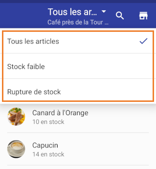 Pour affiner l’image, vous pouvez utiliser le filtre pour afficher seulement les articles stock faible ou en rupture de stock