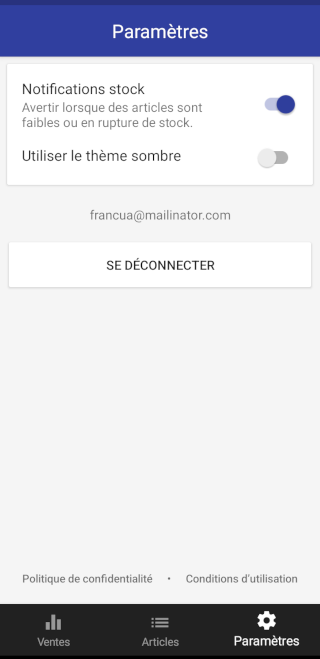 paramètres de notification de stock