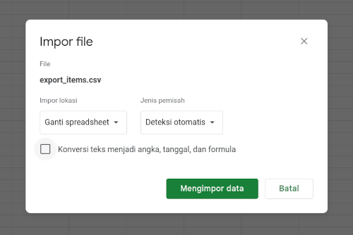 kotak 'Konversi teks menjadi angka, tanggal, dan formula