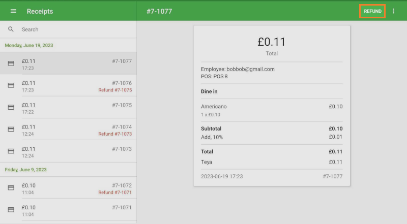 Receipt in the Receipts menu