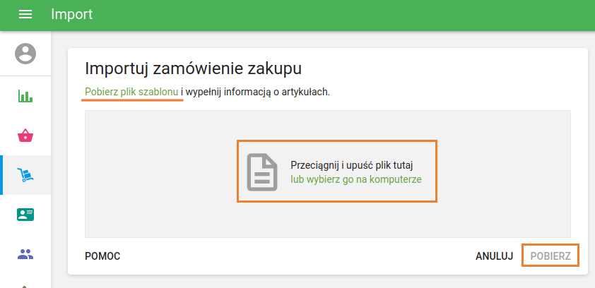 strona Importuj zamówienie zakupu