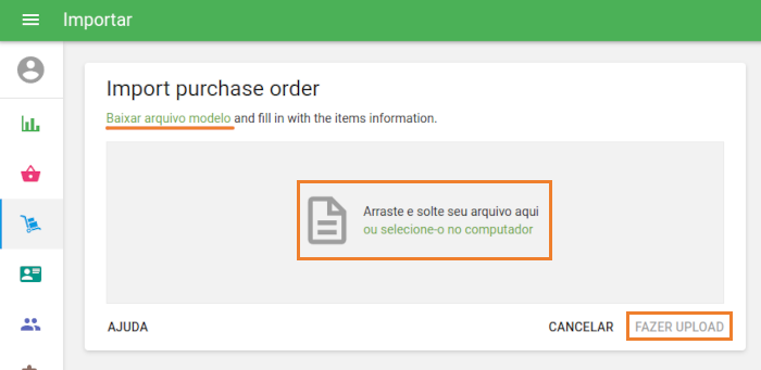 página Importar ordem de compra