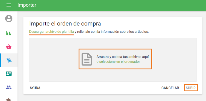 la página Importar orden de compra