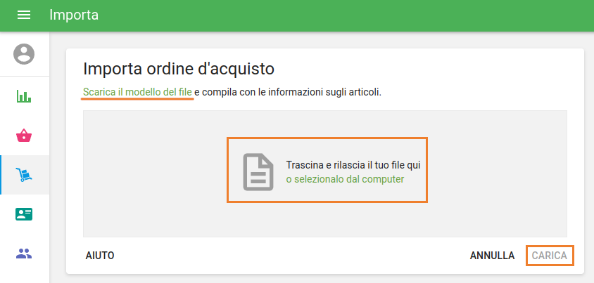 pagina Importa ordine di acquisto