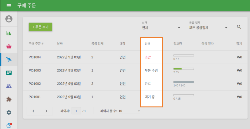 발주서는초안, 보류, 부분 수령, 완료의 4 가지 상태가 있습니다