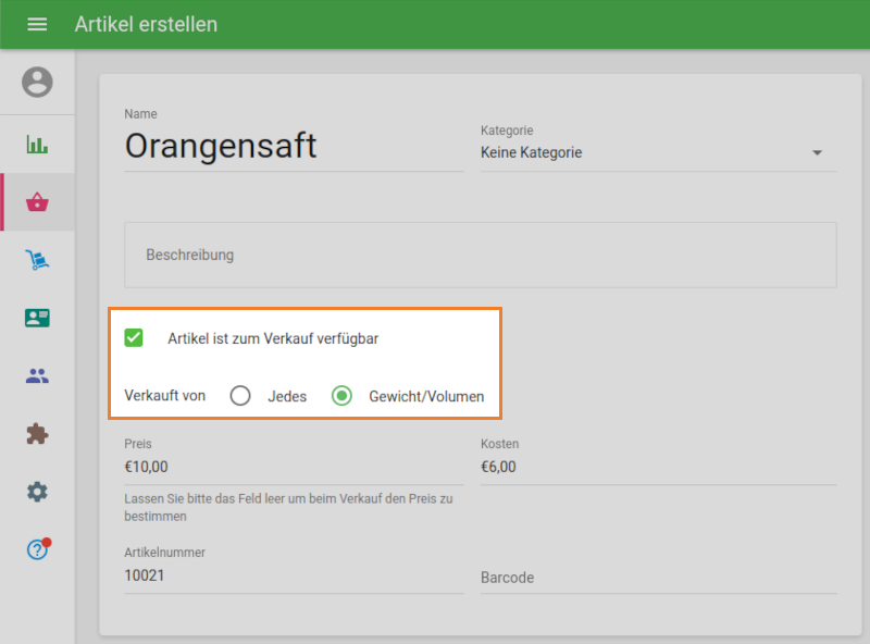 Weisen Sie die Option 'Verkauft von' der Option 'Gewicht