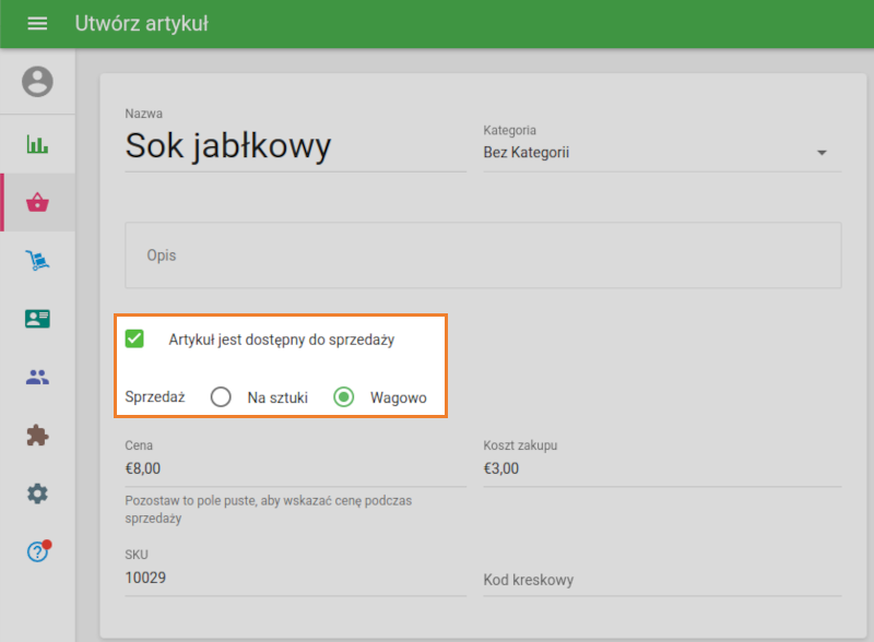 Przydziel opcję „Sprzedaż” do „Wagowo”