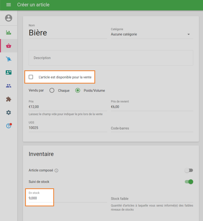 cocher «l’article est disponible à la vente»