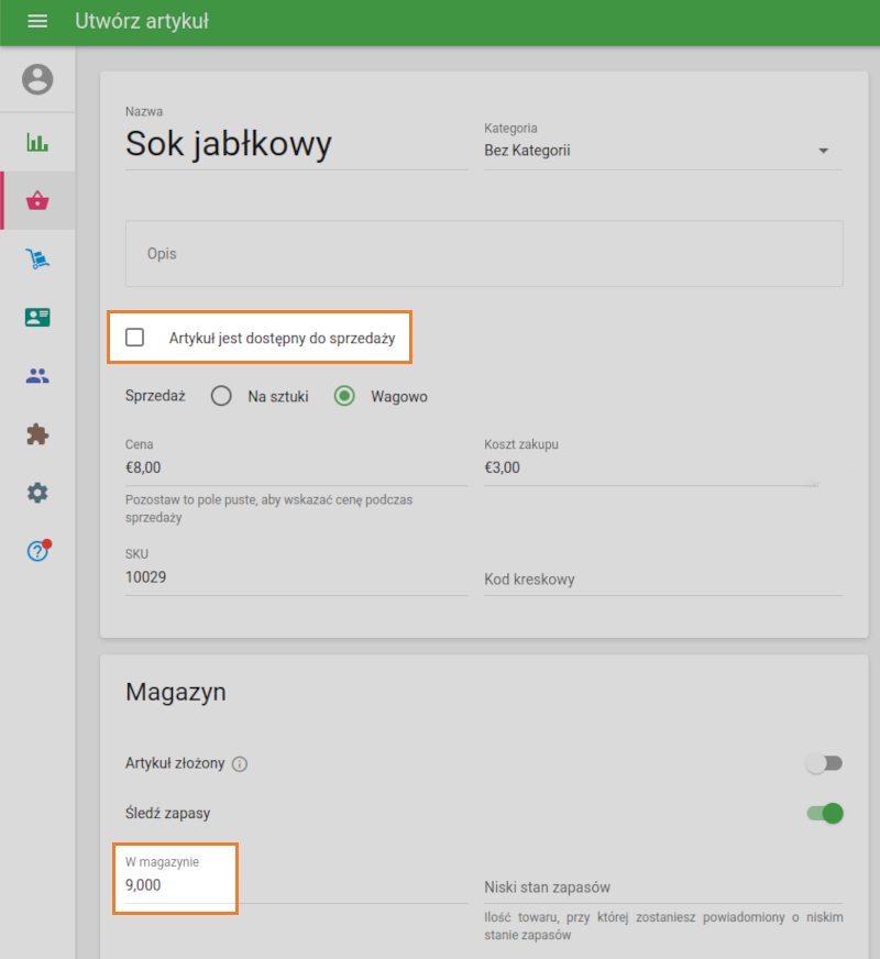 pola wyboru „Artykuł jest dostępny do sprzedaży”
