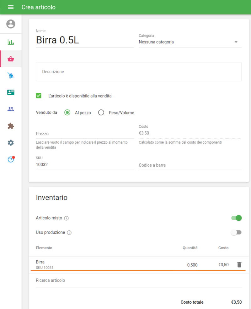 Crea l'articolo misto 'Birra 0,5'