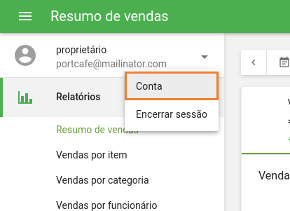 botão Conta no menu principal do Back Office