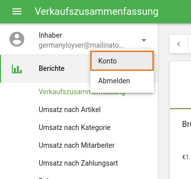 Klicken Sie im Hauptmenü des Backoffices auf die Schaltfläche Konto