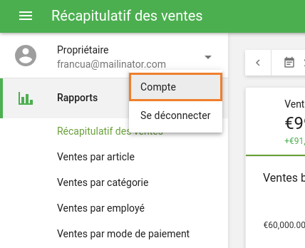 Cliquez sur le bouton Compte dans le menu principal du Back Office