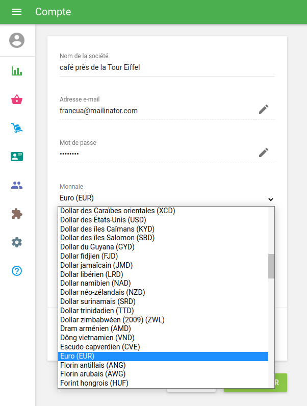 Sélectionnez la devise souhaitée dans le champ Devise