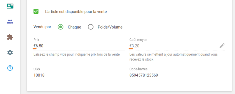Et aussi dans les champs prix et coût dans le Back office