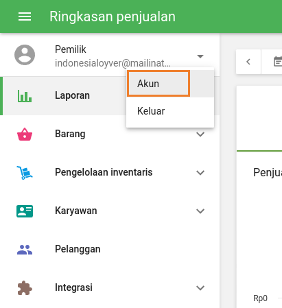 tombol 'Akun' di menu utama Back Office