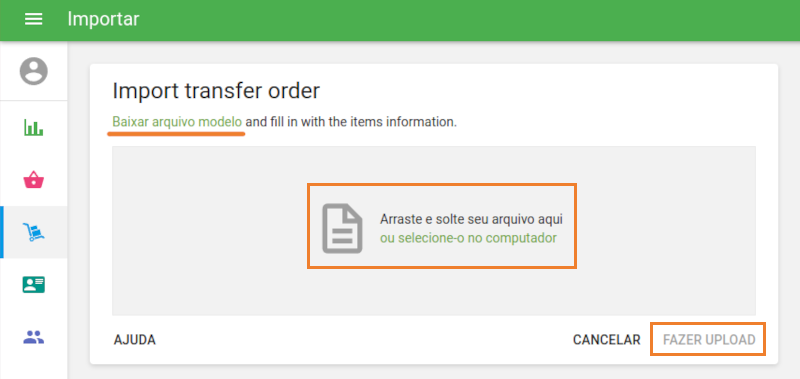 página 'Importar ordem de transferência'