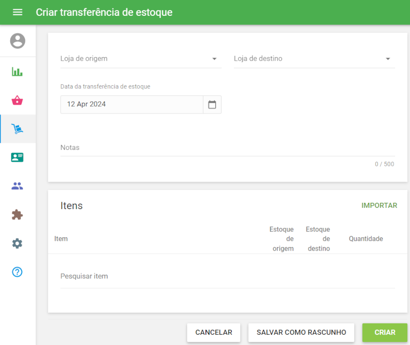 formulário Criar transferência de compra