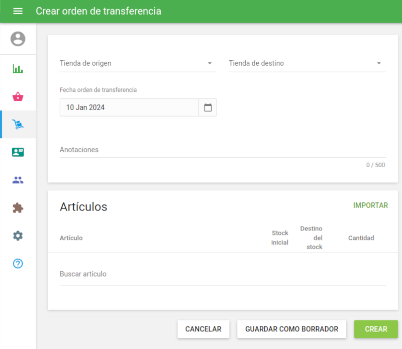formulario Crear orden de transferencia