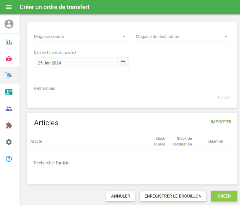 Créer un ordre de transfert