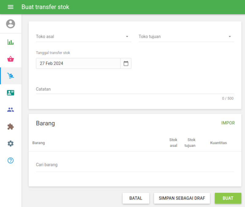 Formulir 'Buat pesanan transfer' akan terbuka untuk diubah