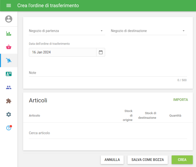 Crea l'ordine di trasferimento