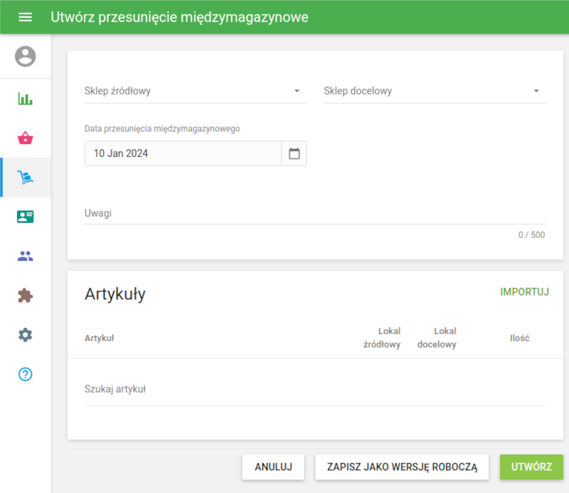 Formularz „Utwórz przesunięcie międzymagazynowe”