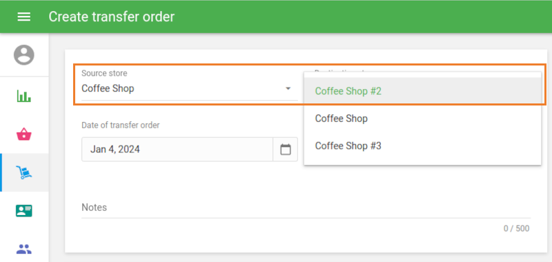 ‘Source store’ and ‘Destination store’ selection
