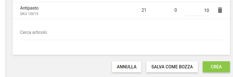 pulsante 'Salva come bozza', pulsante 'Crea'