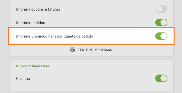 botão Imprimir um único item por tiquete de pedido