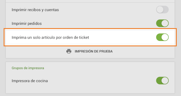 la opción Imprimir un solo artículo por orden de ticket